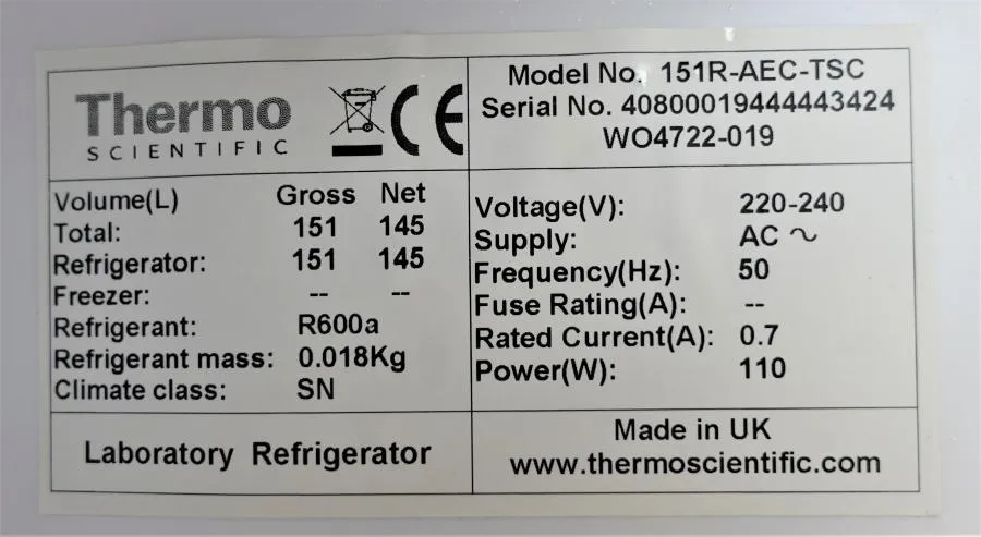 Thermo Scientific 151R-AEC-TSC +5C Refrigerator Ca As-is, CLEARANCE!