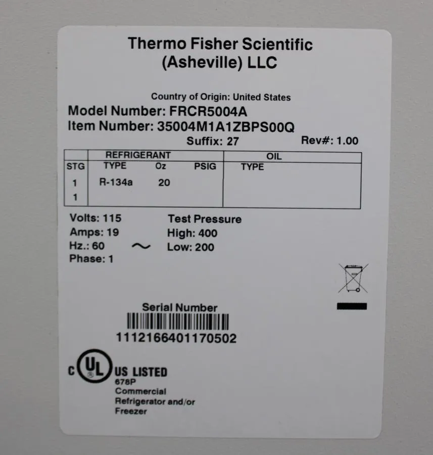 Thermo Fisher Scientific Refrigerator FRCR5004A do As-is, CLEARANCE!