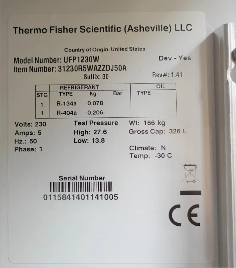 Revco Upright -30C Plasma Freezer Model: UFP1230W  As-is, CLEARANCE!