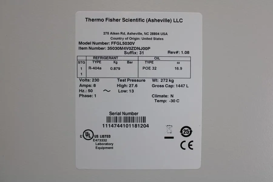 Thermo Fisher FFGL5030V -30C Double Door Freezer- EU plug