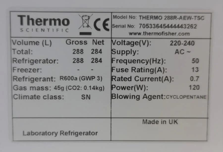 Thermo 288R-AEW-TSC ES Series Lab Refrigerator UK  As-is, CLEARANCE!
