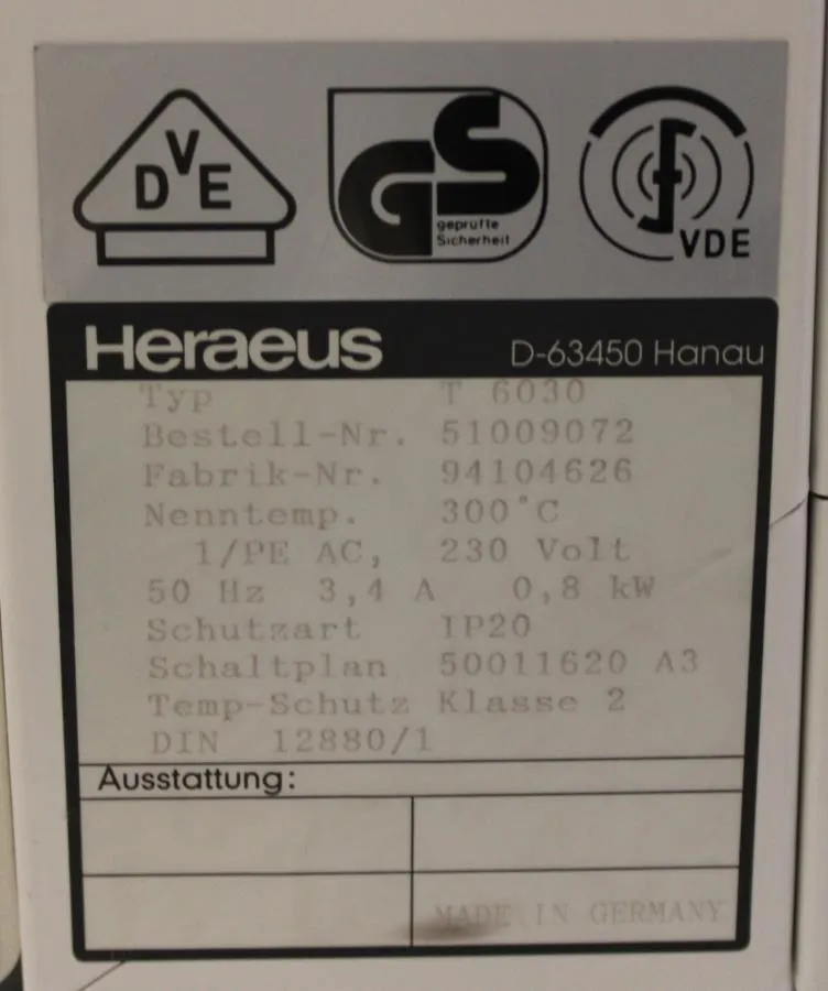 Heraeus T6030 Heating and Drying Oven