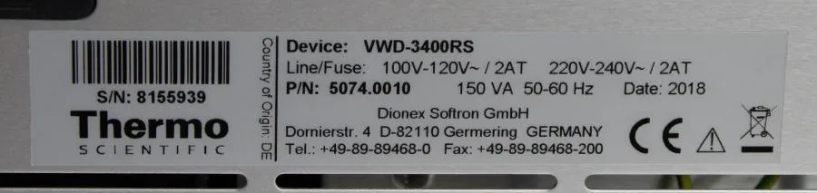 Thermo Dionex UltiMate 3000 VWD-3400RS Variable Wavelength Detector 5074.0010